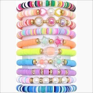 Polymer Clay Beaded Stretch Bracelet Set with Charms